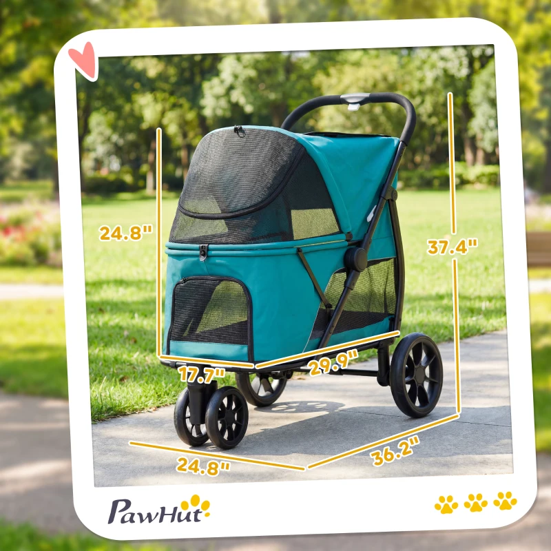 PawHut 3 Wheel Pet Stroller with Easy One-Click Quick Fold, Mesh Window, Washable Cushion, for Medium Dogs, Dark Green