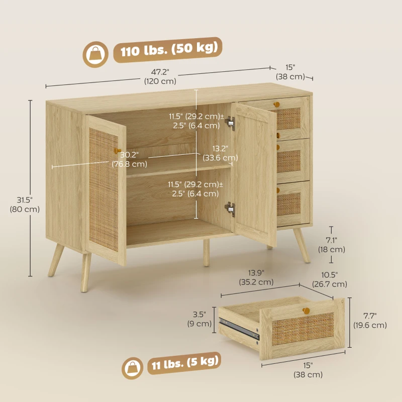 HOMCOM 47" Buffet Cabinet with Soft-Close Doors, Rattan Sideboard with Drawers, Adjustable Shelf and Wooden Legs, Natural