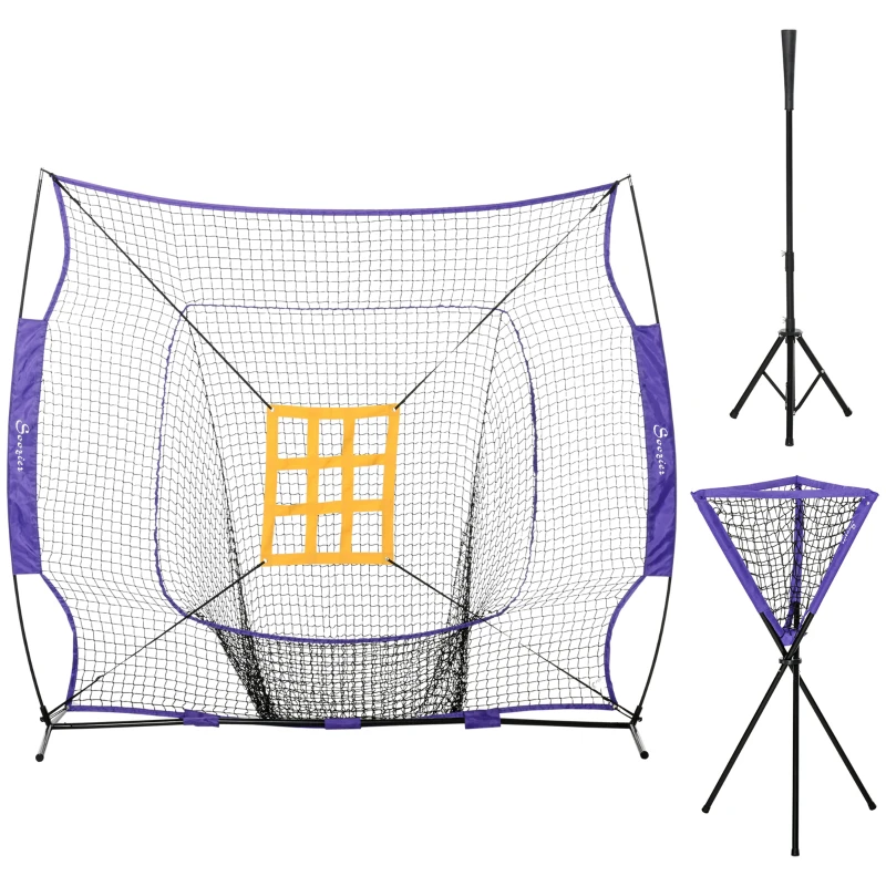 Soozier Baseball Practice Net Set with 7.5x7ft Catcher Net, Ball Caddy and Batting Tee, Portable Pitching Net with Carry Bag for Hitting, Pitching, Batting, Catching, Purple