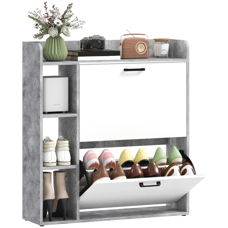 HOMCOM Shoe Cabinet with 2 Flip Drawers, 3 Side Compartments, Adjustable Shelves, 8-12 Pairs for Entryway Hallway, Grey