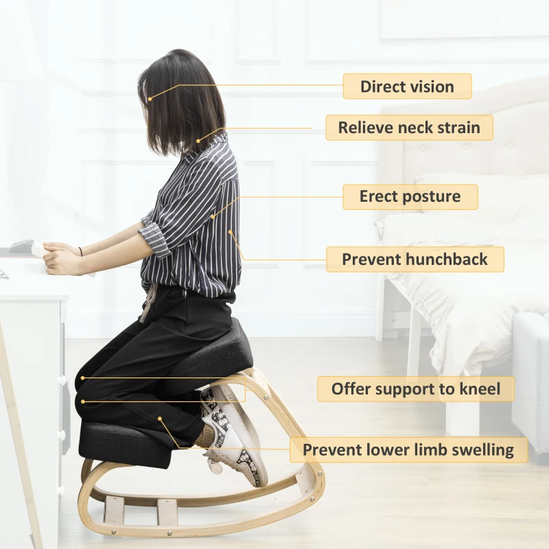 HOMCOM Ergonomic Kneeling Chair, Wood Kneel Stool with Thick Pads, Desk Knee Chair, Improve Posture, Black