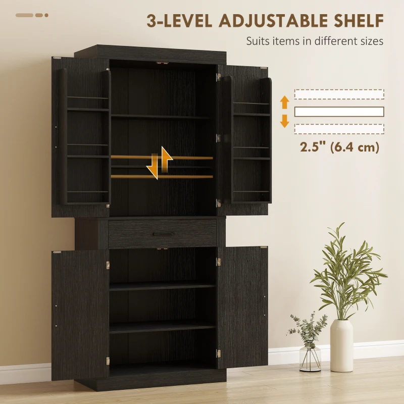 HOMCOM 72" Kitchen Pantry Cabinet, Farmhouse Kitchen Storage Cabinet with 4 Barn Doors, 6 Door Shelves, Drawer, Black
