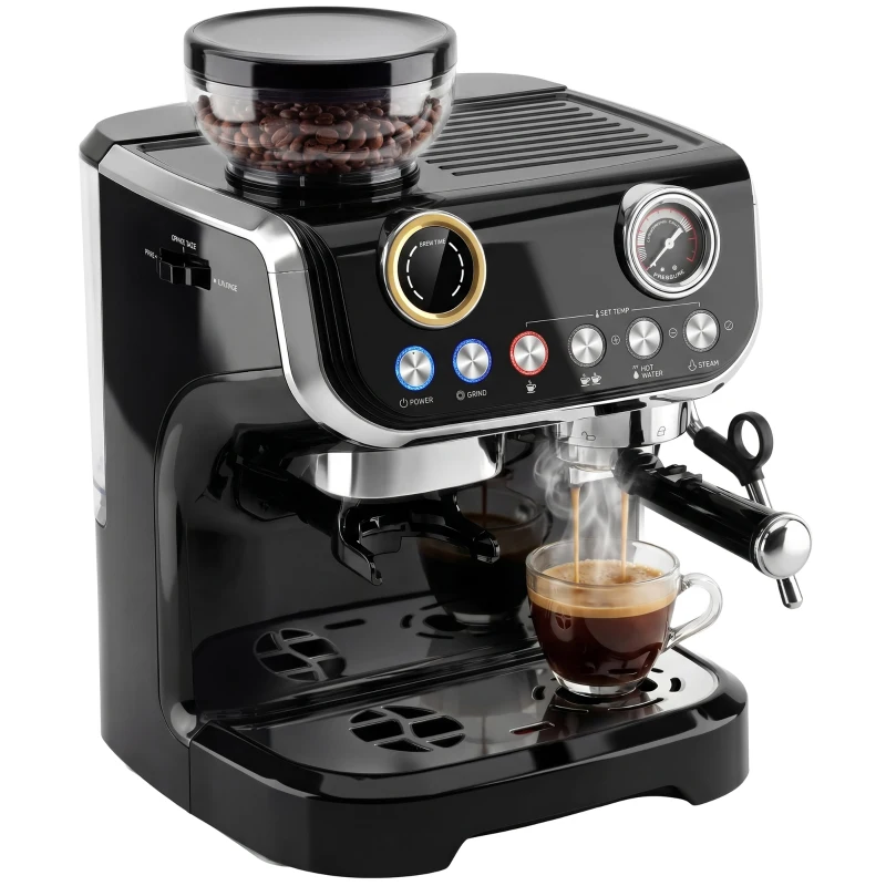 HOMCOM 15 Bar Coffee Maker Espresso Machine with Grinder Milk Frother Stainless Steel Espresso Maker for Cappuccino Latte Black