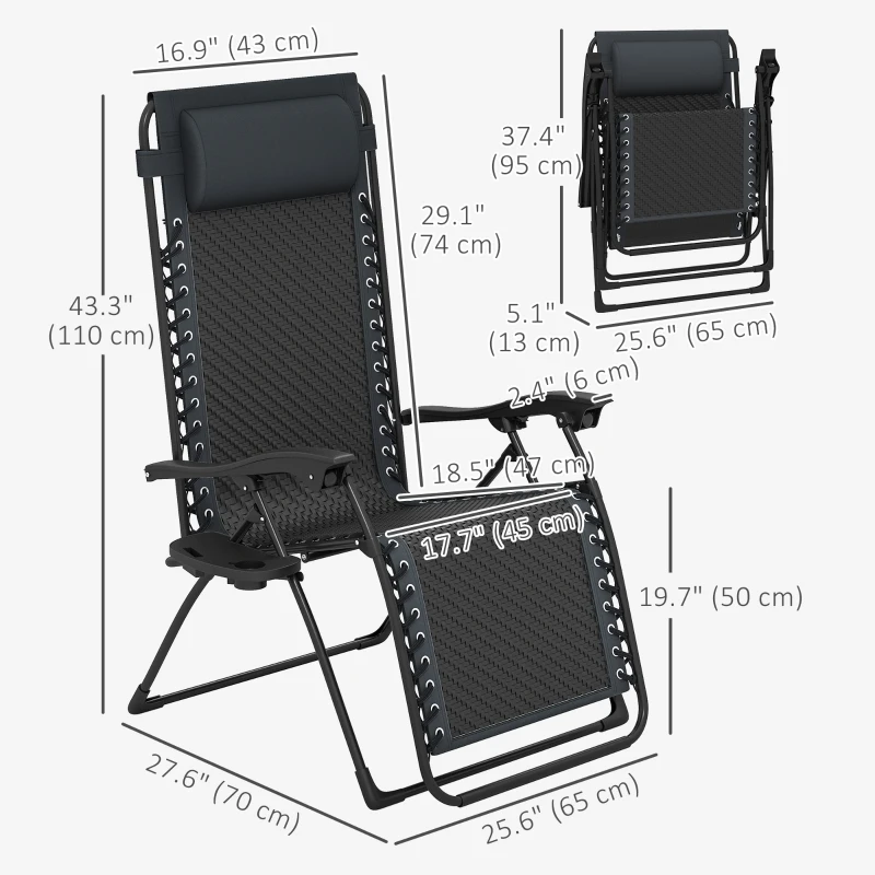 Outsunny Wicker Folding Lounge Chair with Adjustable Backrest, Rattan Recliner Chair with Headrest & Side Table Tray, Black