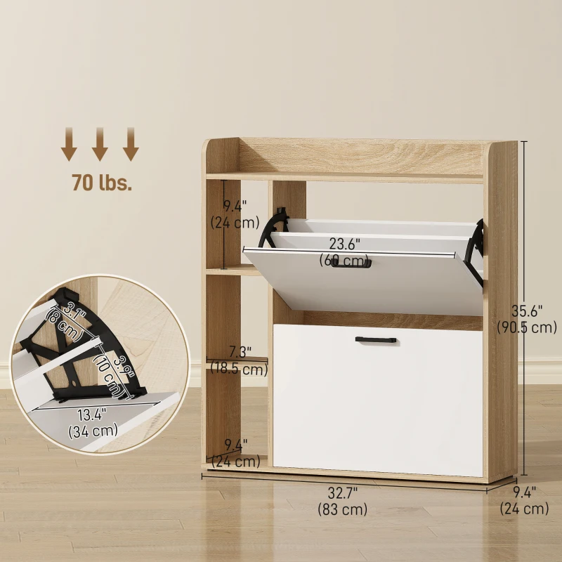 HOMCOM Shoe Cabinet with 2 Flip Drawers, 3 Side Compartments, Adjustable Shelves, 8-12 Pairs for Entryway Hallway, Natural