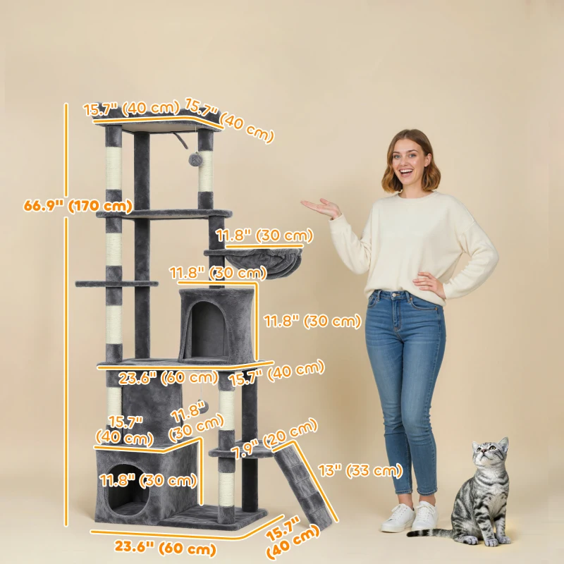 PawHut 67" Large Cat Tree with 7 Scratching Posts, Tunnel, 2 Condos, Hammock, Perch, Ramp, Pompoms, Dark Grey