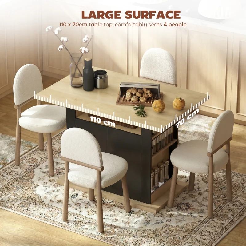 HOMCOM Kitchen Island Dining Table with Storage Cabinet, Large Tabletop for 4 People, 4-Door Cupboard & Shelves, Black