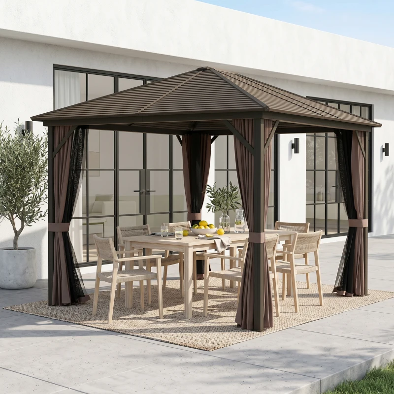 Outsunny 10' x 12' Deluxe Hardtop Gazebo Aluminum Frame Patio Gazebo Garden Sun Shelter Outdoor Pavilion, Coffee