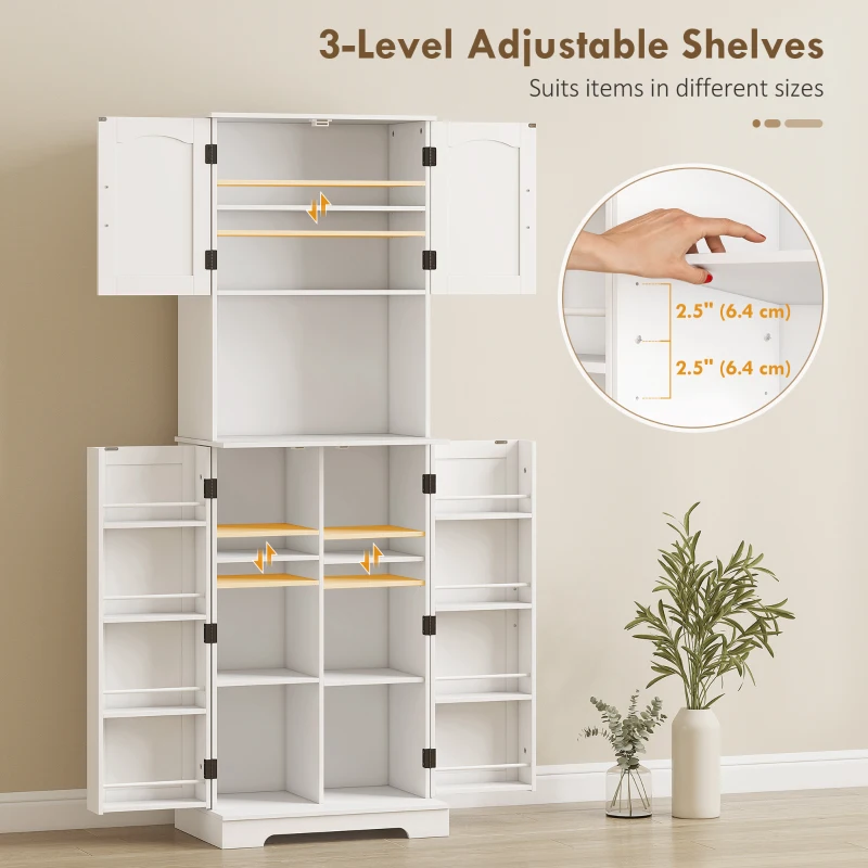 HOMCOM 71.5" Tall Pantry Cabinet, Farmhouse Kitchen Storage Cabinet with Adjustable Shelves, 8 Door Spice Racks, White