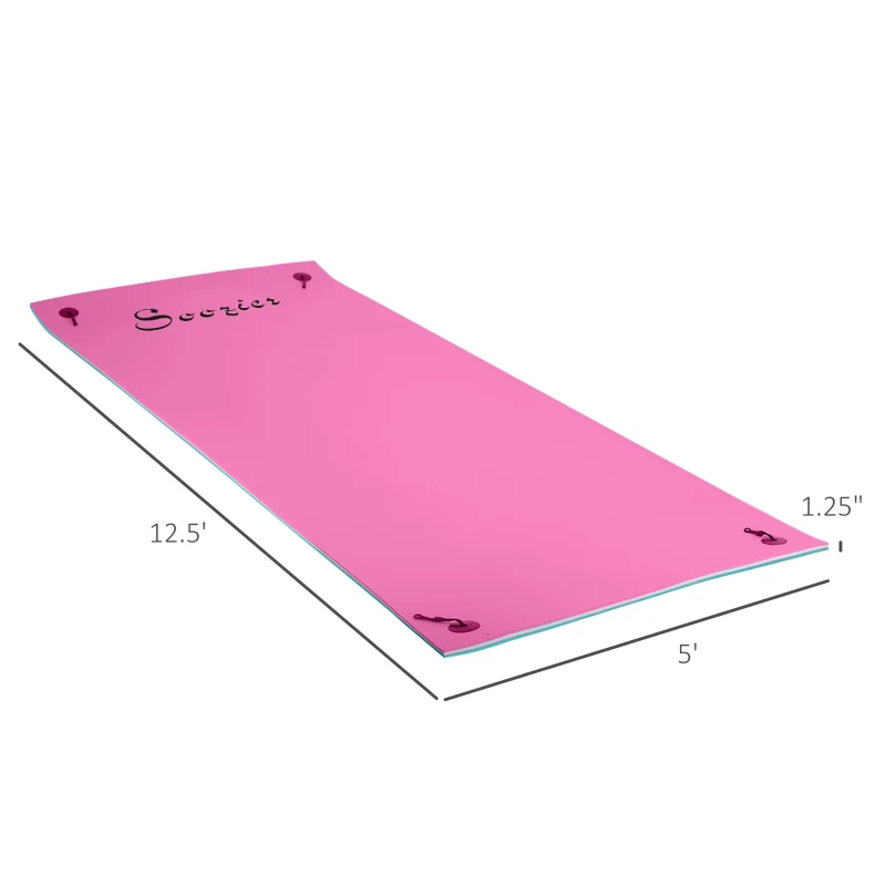 Soozier 12' x 5' Lily Pad Floating Mat with Table and Cup Holder, 3-Layer Portable Roll-Up Water Mat Float Dock for 2-3 People, Ideal for Lake, River, Beach, Swimming Pool, Pink