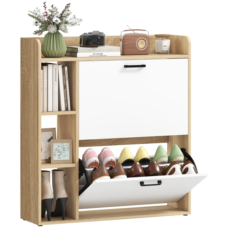 HOMCOM Shoe Cabinet with 2 Flip Drawers, 3 Side Compartments, Adjustable Shelves, 8-12 Pairs for Entryway Hallway, Natural