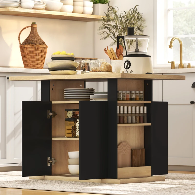 HOMCOM Kitchen Island Dining Table with Storage Cabinet, Large Tabletop for 4 People, 4-Door Cupboard & Shelves, Black