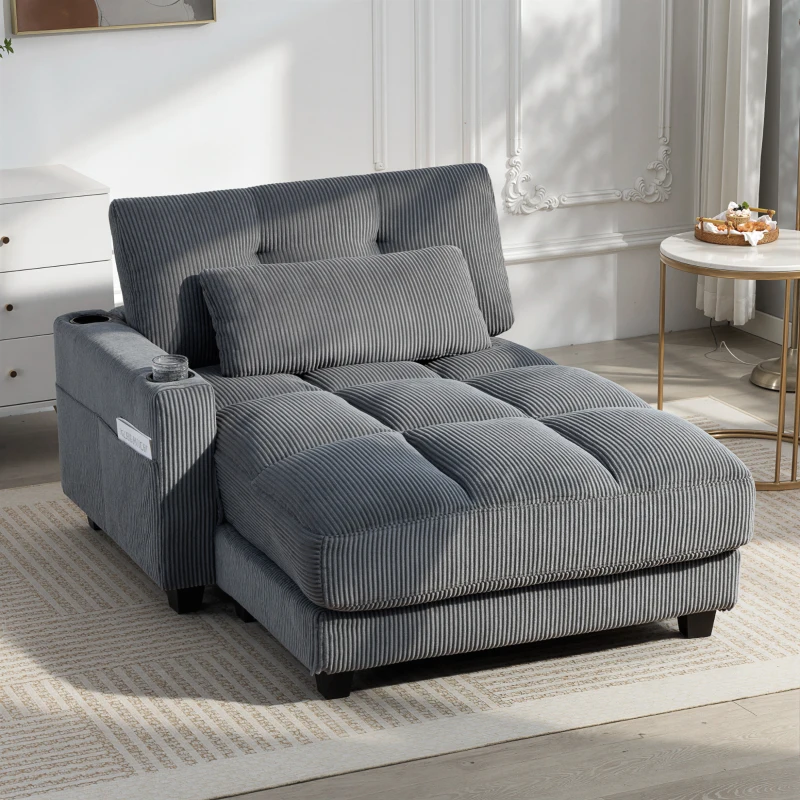 HOMCOM 58" Chaise Lounge Indoor, Oversized Corduroy Sofa Bed with 2 Cup Holders, Pillow, Deep Seat Sleeper Couch, Dark Grey
