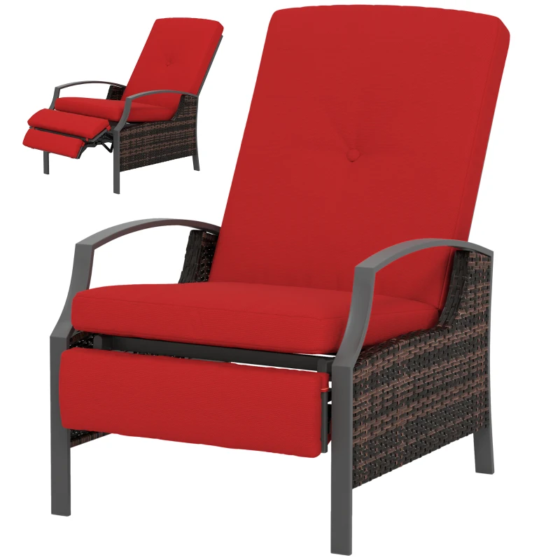 Outsunny Outdoor Rattan Recliner Chair, Wicker Reclining Chair with Adjustable Back Retractable Footrest Cushion Wine Red