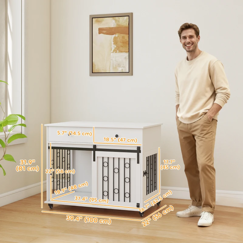 PawHut 39" Dog Crate Furniture, Dog Kennel Indoor with 2 Drawers, Wheels, Sliding Door, Dog Cage for Medium Large Dogs, Oak
