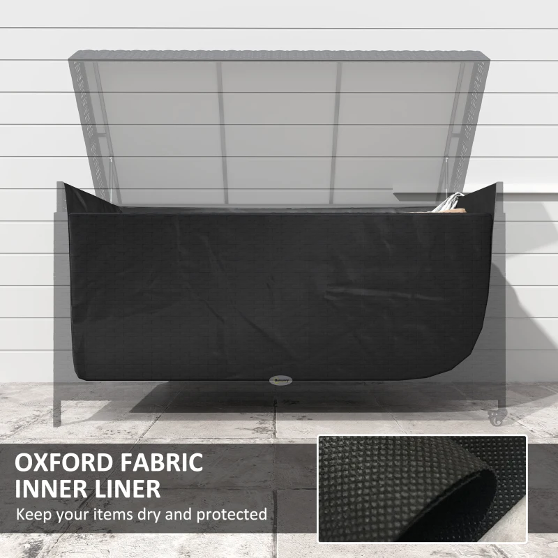 Outsunny 165 Gallon Deck Box, Wicker Outdoor Patio Storage Box with Waterproof Liner, Gas Strut and Universal Wheels, Black