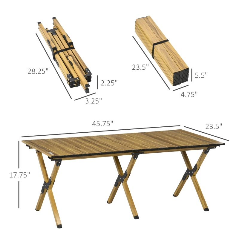 Outsunny 4ft Low Height Folding Camping Table, Roll-Up Aluminum Picnic Table with Carry Bag, Waterproof & Woodgrain Finish, Portable Table for Travel, BBQ, Beach, or Hiking