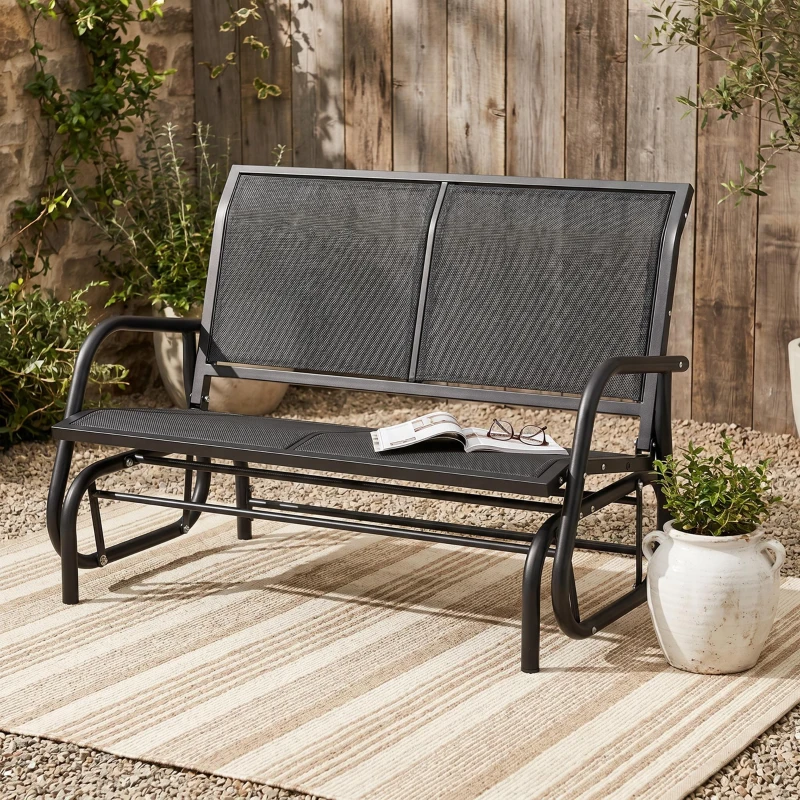 Outsunny Patio Double Glider Outdoor Steel Sling Fabric Gliding Bench Garden Swing Chair Heavy-Duty Porch Rocker Garden Loveseat Grey