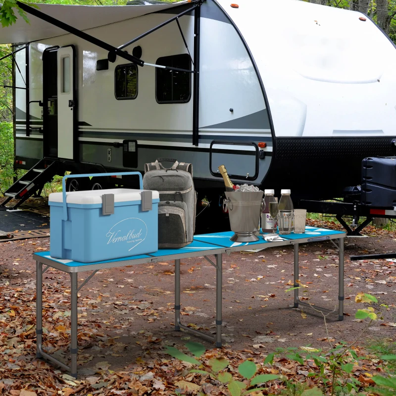 Outsunny Aluminum Camping Table with Adjustable Legs, 8ft Folding Picnic Table for Travel, BBQ, Beach or Hiking, Blue & White