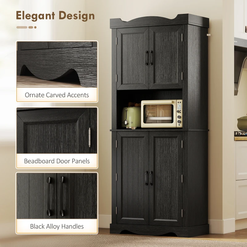 HOMCOM 73" Kitchen Pantry Cabinet, Freestanding Kitchen Hutch with 12 Door Shelves, Adjustable Shelves, Microwave Stand, Black