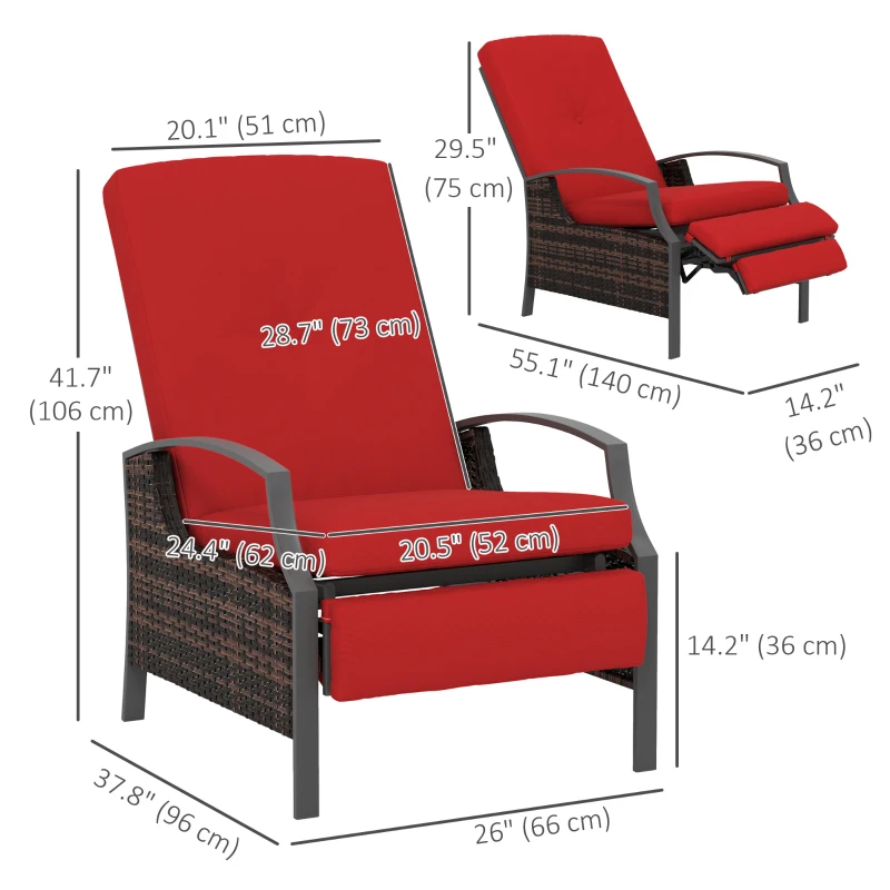Outsunny Outdoor Rattan Recliner Chair, Wicker Reclining Chair with Adjustable Back Retractable Footrest Cushion Wine Red