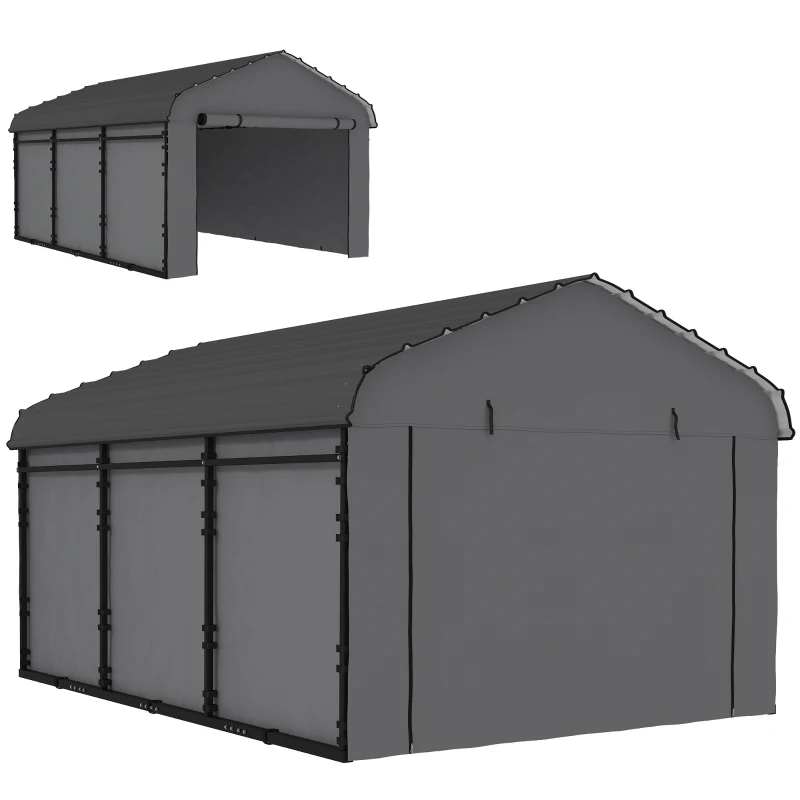 Outsunny 10' x 15' Metal Carport, Heavy Duty Garage Car Canopy with Galvanized Metal Roof and Removable Sidewalls, Dark Gray