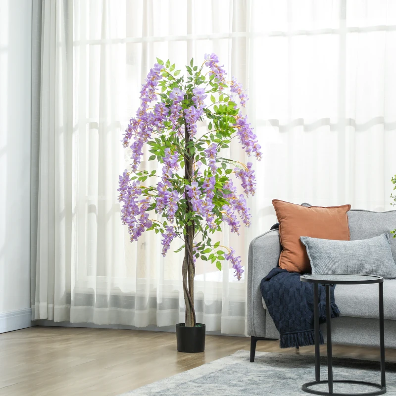 HOMCOM 5.9FT Fake Wisteria Tree with Natural Wood Trunk, Artificial Plant in Nursery Pot, Greenery Tall Faux Floor Plant Purple