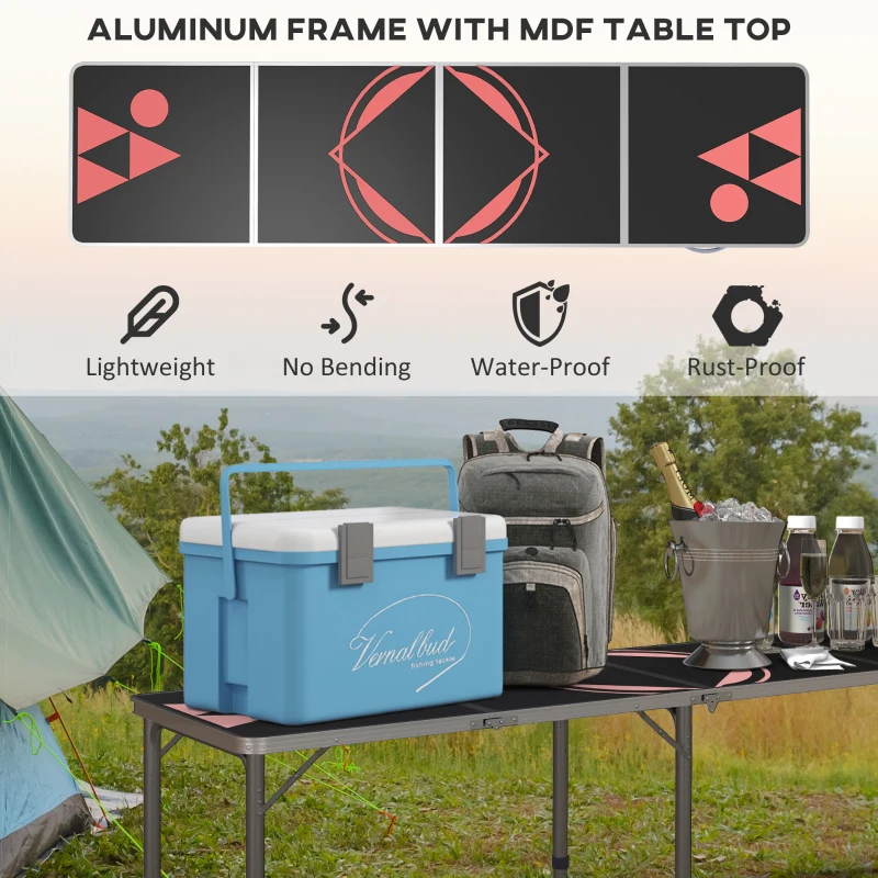 Outsunny Aluminum Camping Table with Adjustable Legs, 8ft Folding Picnic Table for Travel, BBQ, Beach or Hiking, Black & Red