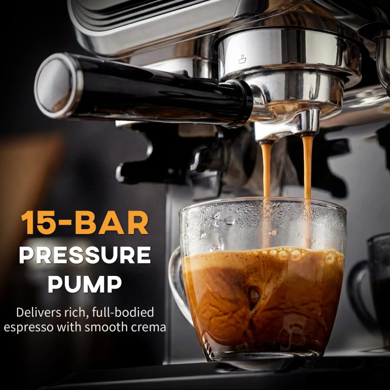 HOMCOM 15 Bar Coffee Maker Espresso Machine with Grinder Milk Frother Stainless Steel Espresso Maker for Cappuccino Latte Black