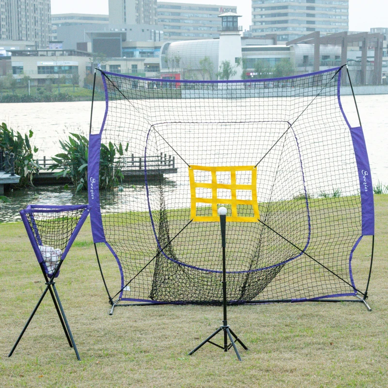 Soozier Baseball Practice Net Set with 7.5x7ft Catcher Net, Ball Caddy and Batting Tee, Portable Pitching Net with Carry Bag for Hitting, Pitching, Batting, Catching, Purple