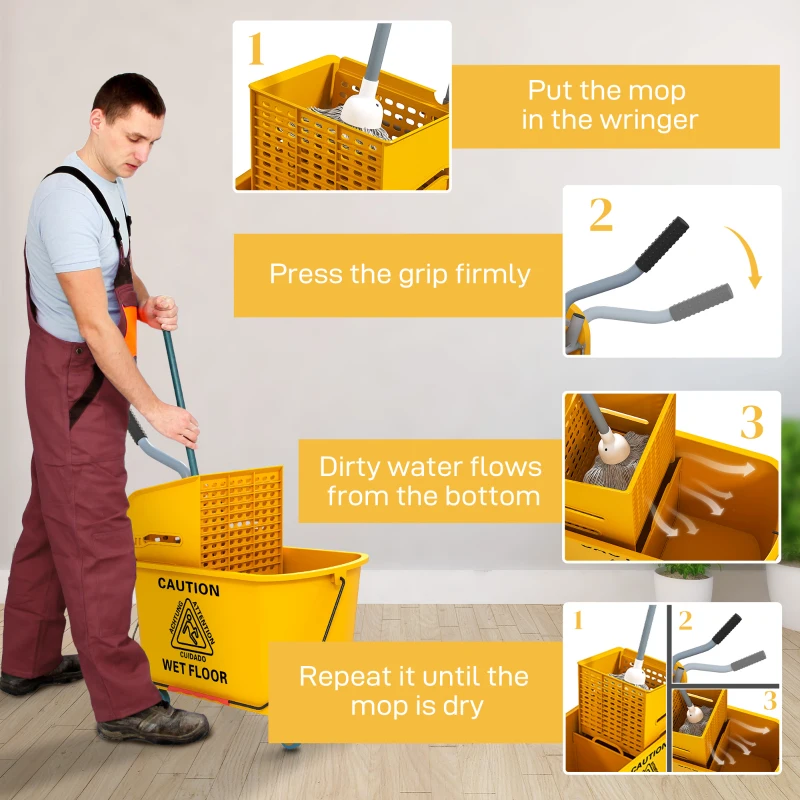 HOMCOM Mop Bucket with Wringer on Wheels for Floor Cleaning, 21 Quart Side Press Wringer with Handle and Mop, Yellow