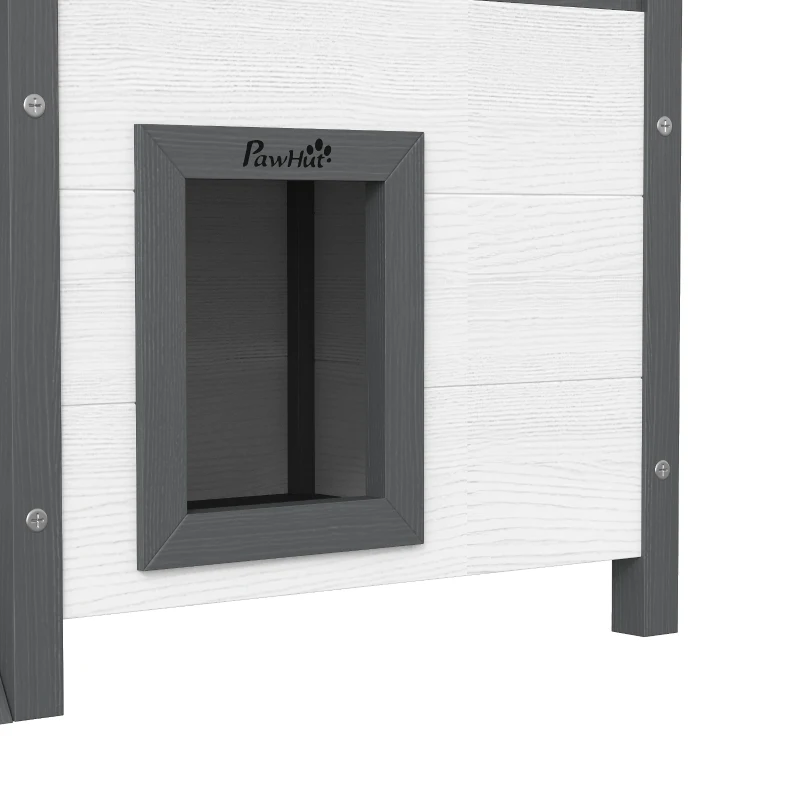 PawHut Wooden 2-Story Shelter for Feral Cats with Asphalt Roof, Stairs, Balcony, 30" x 20" x 29", White