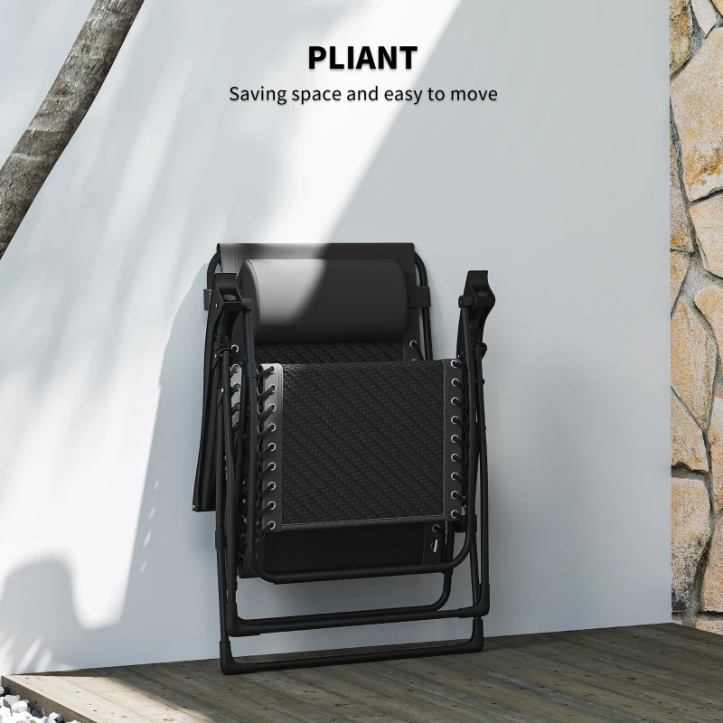 Outsunny Wicker Folding Lounge Chair with Adjustable Backrest, Rattan Recliner Chair with Headrest & Side Table Tray, Black