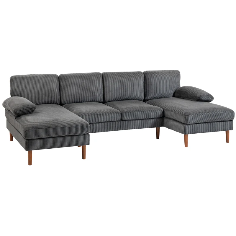 HOMCOM U Shape Couch with Double Chaise Lounge, Modern 4 Seater Sofa with Wooden Legs, Fabric Sofa for Living Room, Dark Grey