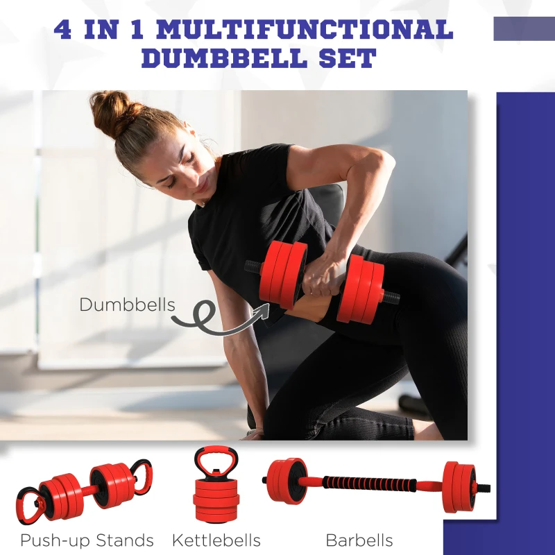 Soozier 66lbs 4-in-1 Adjustable Weight Dumbbell Set, Barbell, Kettlebell, Push Up Stand, Red
