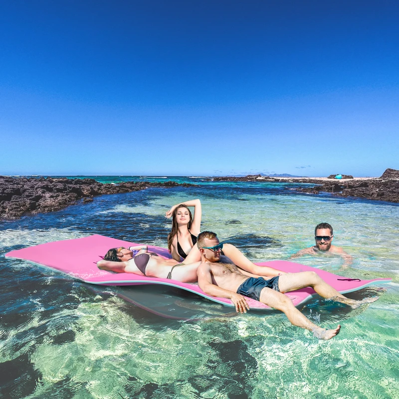 Soozier 12' x 5' Lily Pad Floating Mat with Table and Cup Holder, 3-Layer Portable Roll-Up Water Mat Float Dock for 2-3 People, Ideal for Lake, River, Beach, Swimming Pool, Pink