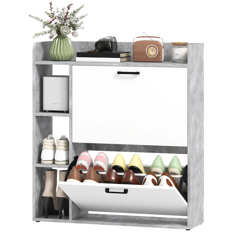 HOMCOM Shoe Cabinet with 2 Flip Drawers, 3 Side Compartments, Adjustable Shelves, 8-12 Pairs for Entryway Hallway, Grey