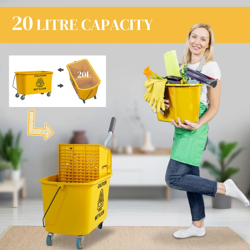 HOMCOM Mop Bucket with Wringer on Wheels for Floor Cleaning, 21 Quart Side Press Wringer with Handle and Mop, Yellow