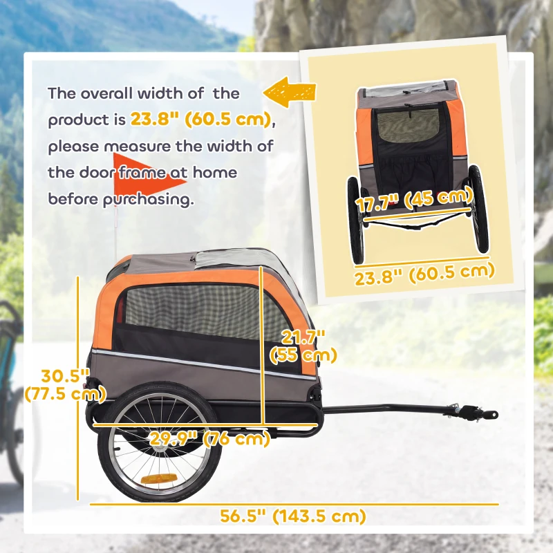 PawHut Dog Bike Trailer, Pet Cart Wagon Cart Carrier Attachment for Travel with 2 Doors, Large Wheels, Safety Flag