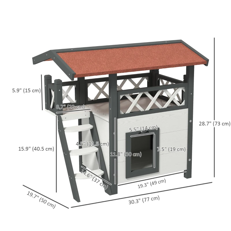 PawHut Wooden 2-Story Shelter for Feral Cats with Asphalt Roof, Stairs, Balcony, 30" x 20" x 29", White