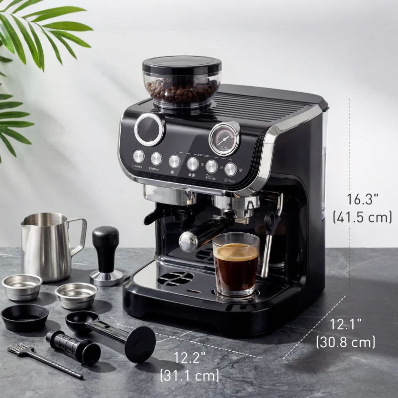 HOMCOM 15 Bar Coffee Maker Espresso Machine with Grinder Milk Frother Stainless Steel Espresso Maker for Cappuccino Latte Black