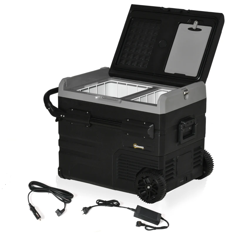Outsunny 12 V Car Fridge, 2 Zone 48 Quart Portable Compressor Electric Cooler with Wheels, Pull-up Handle, Cutting Board, 12/24 V DC and 110 - 240 V AC for Outdoor, Driving, Travel