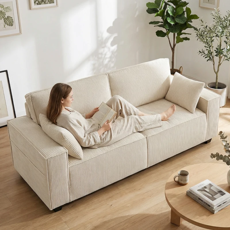 HOMCOM 86" 3 Seater Sofa, Modern Corduroy Upholstered Couch, Beige