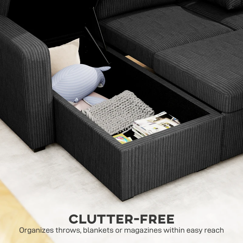HOMCOM 81" Sofa Bed, 2 In 1 Pull Out Sleeper Sofa Bed with Storage, Corduroy Convertible Couch for Living Room, Dark Grey