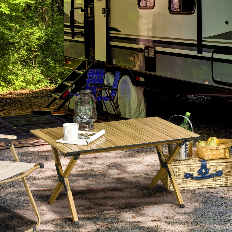 Outsunny 3ft Low Height Folding Camping Table, Roll-Up Aluminum Picnic Table with Carry Bag, Waterproof & Woodgrain Finish, Portable Table for Travel, BBQ, Beach, or Hiking