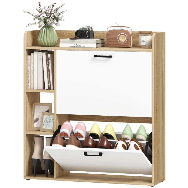 HOMCOM Shoe Cabinet with 2 Flip Drawers, 3 Side Compartments, Adjustable Shelves, 8-12 Pairs for Entryway Hallway, Natural