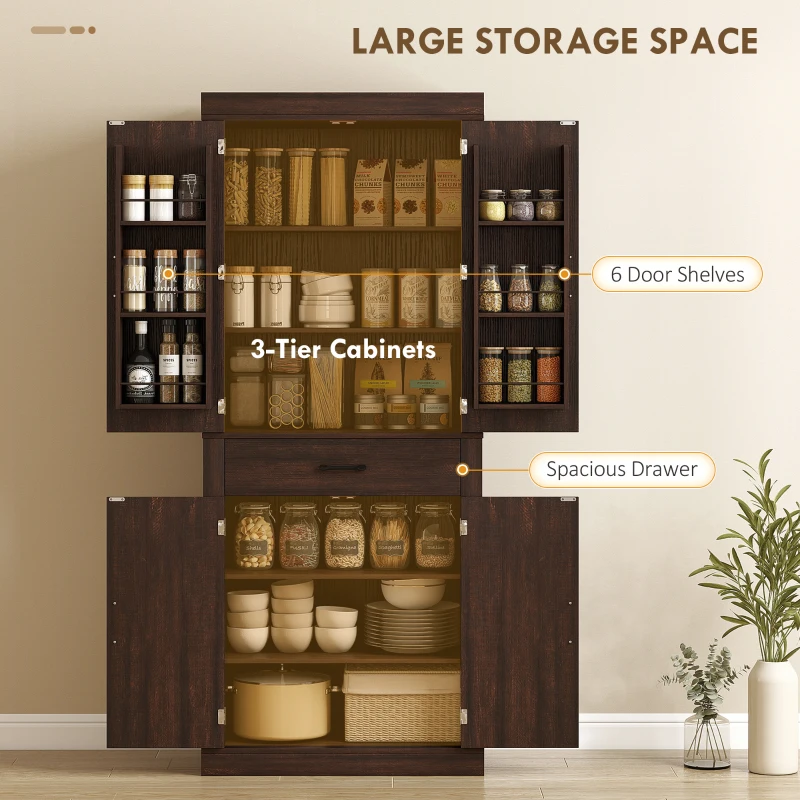 HOMCOM 72" Kitchen Pantry Cabinet, Farmhouse Kitchen Storage Cabinet with 4 Barn Doors, 6 Door Shelves, Drawer, Brown
