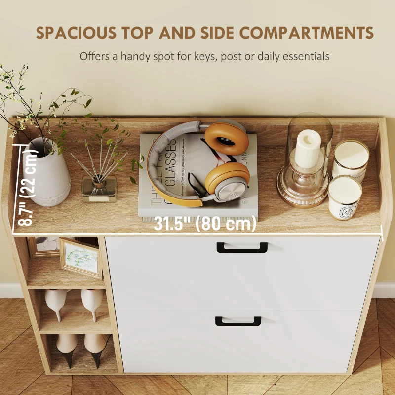 HOMCOM Shoe Cabinet with 2 Flip Drawers, 3 Side Compartments, Adjustable Shelves, 8-12 Pairs for Entryway Hallway, Natural