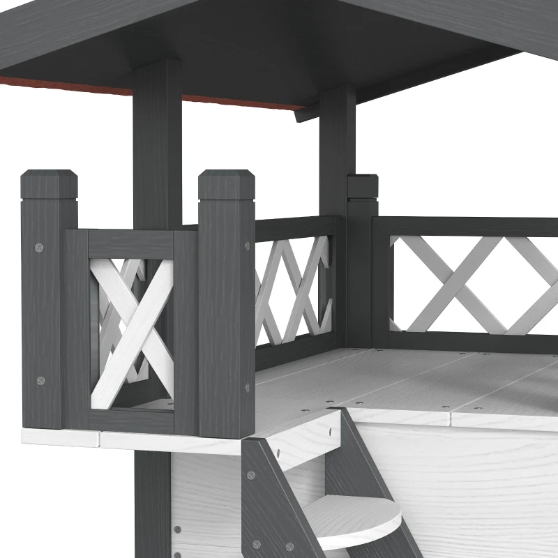 PawHut Wooden 2-Story Shelter for Feral Cats with Asphalt Roof, Stairs, Balcony, 30" x 20" x 29", White