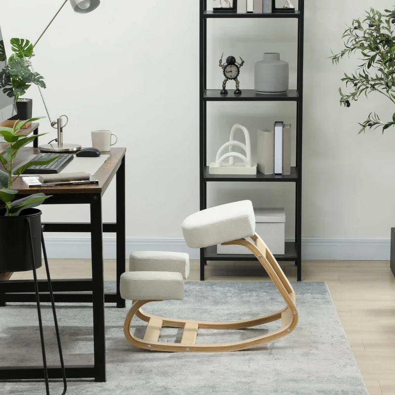 HOMCOM Ergonomic Kneeling Chair, Wood Kneel Stool with Thick Pads, Desk Knee Chair, Improve Posture, Cream White